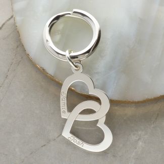 Sterling Silver Engraved Vertical Double Heart Keyring