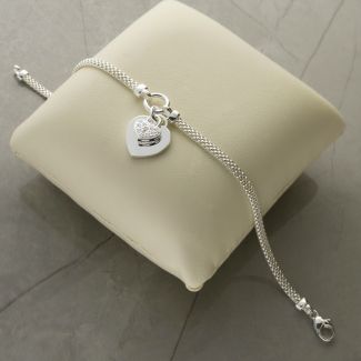 Sterling Silver Ladies Heart With CZ Locket Bracelet With Optional Engraving