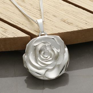 Sterling Silver Round 3D Rose Locket With Optional Engraving & Chain