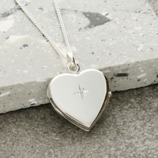 Sterling Silver Heart Locket Set With Diamond With Optional Engraving & Chain