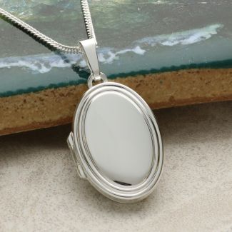 Sterling Silver Raised Border Oval Locket with Optional Engraving & Chain
