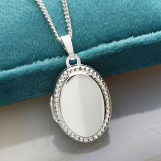 Sterling Silver Beaded Edge Oval Locket with Optional Engraving & Chain