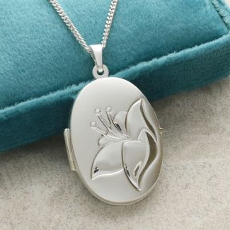 Sterling Silver Satin Oval Flower Locket With Optional Engraving & Chain