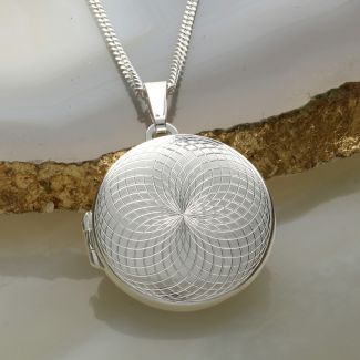 Sterling Silver Geo Circles Round Patterned Locket With Optional Engraving & Chain