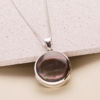 Sterling Silver Round Black Mother Of Pearl Locket With Optional Engraving & Chain