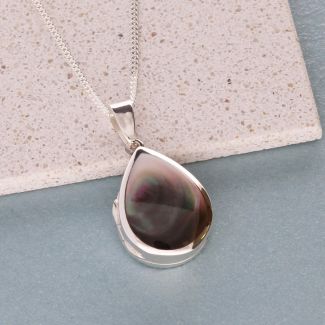 Sterling Silver Tear Drop Black Mother Of Pearl Locket With Optional Engraving & Chain