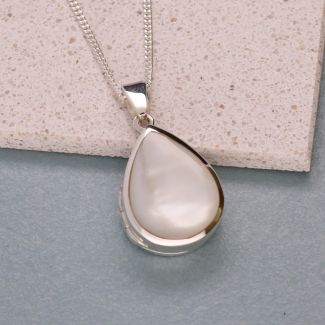 Sterling Silver Tear Drop White Mother Of Pearl Locket With Optional Engraving & Chain