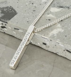 Mens Silver 3D Engraved Bar Pendant Necklace