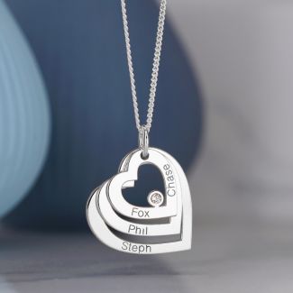 Sterling Silver Engraved Triple Heart Pendant With Diamond