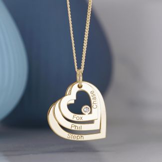 9ct Solid Yellow Gold Engraved Triple Heart Pendant With Diamond & Optional Chain