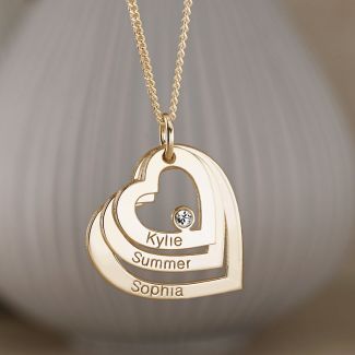 9ct Yellow Gold  Plated Engraved Triple Heart Pendant With Diamond 