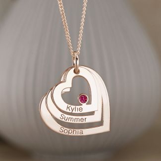 9ct Solid Rose Gold Engraved Triple Heart Pendant With Ruby