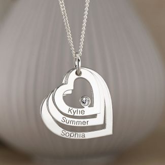 Sterling Silver Engraved Triple Heart Pendant With Crystal