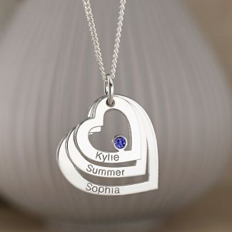 Sterling Silver Engraved Triple Heart Pendant With Sapphire