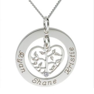 Sterling Silver Filigree Heart Tree of Life Family Necklace With Swarovski Crystal