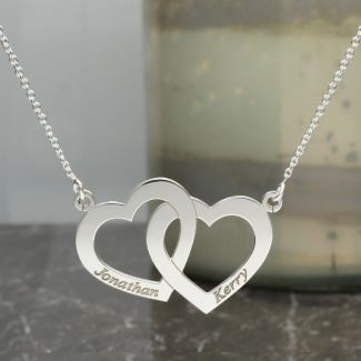 Sterling Silver Engraved Horizonital Double Heart Pendant With Chain