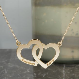 9ct Solid Yellow Gold Engraved Horizontal Double Heart Necklace