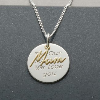 Sterling Silver Engraved Disc Necklace With 9ct Gold Plated Mum Pendant