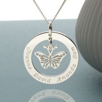 Sterling Silver Personalised Disc With Hanging Butterfly Pendant Necklace