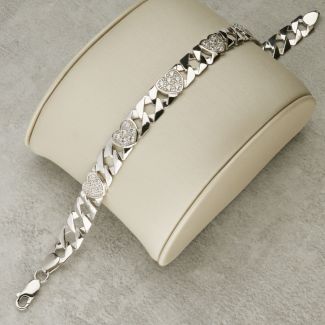 Sterling Silver 8mm Ladies CZ Set Heart Flat Curb Bracelet