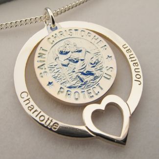 Sterling Silver Personailsed Heart 3D St Christopher Family Pendant