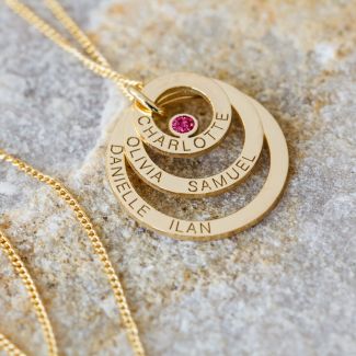 9ct Yellow Gold Plated Engraved Triple Disc Personalised Family Necklace With Ruby