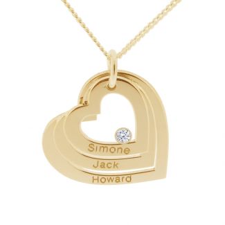 9ct Solid Yellow Gold Engraved Triple Heart Pendant With Diamond 