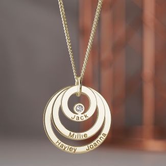 9ct Yellow Gold Plated Triple Disc Personalised Family Circle Necklace With Diamond or Crystal