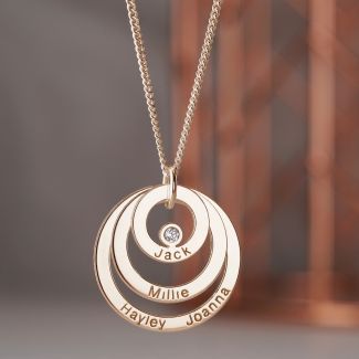 9ct Solid Rose Gold Engraved Triple Disc Personalised Family Necklace With Diamond