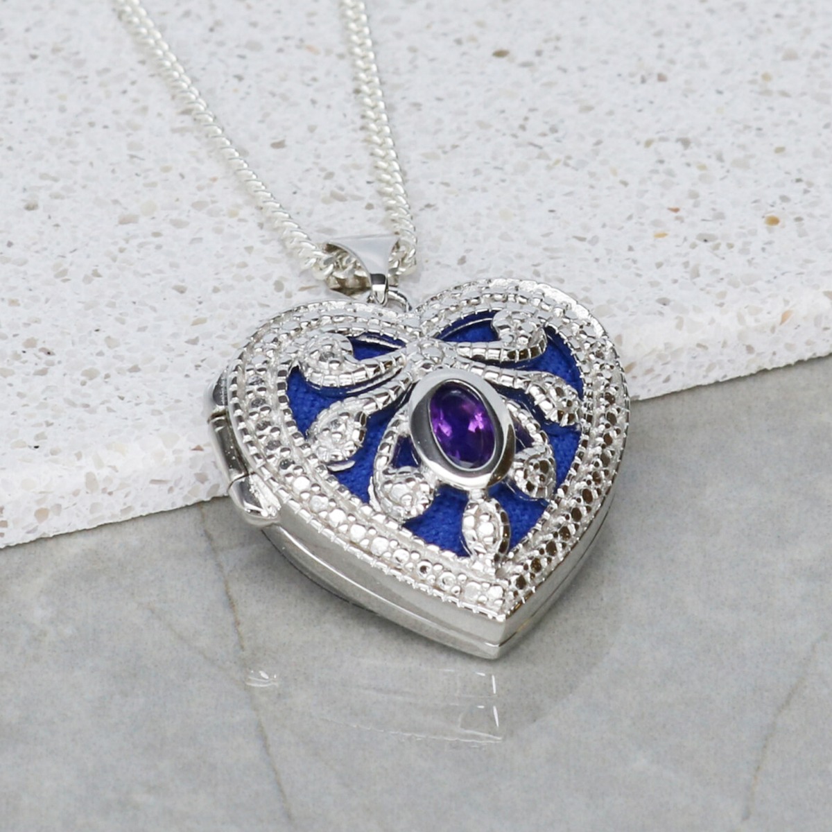 Sterling Silver Heart Locket Set With CZ  & Amethyst With Optional Engraving