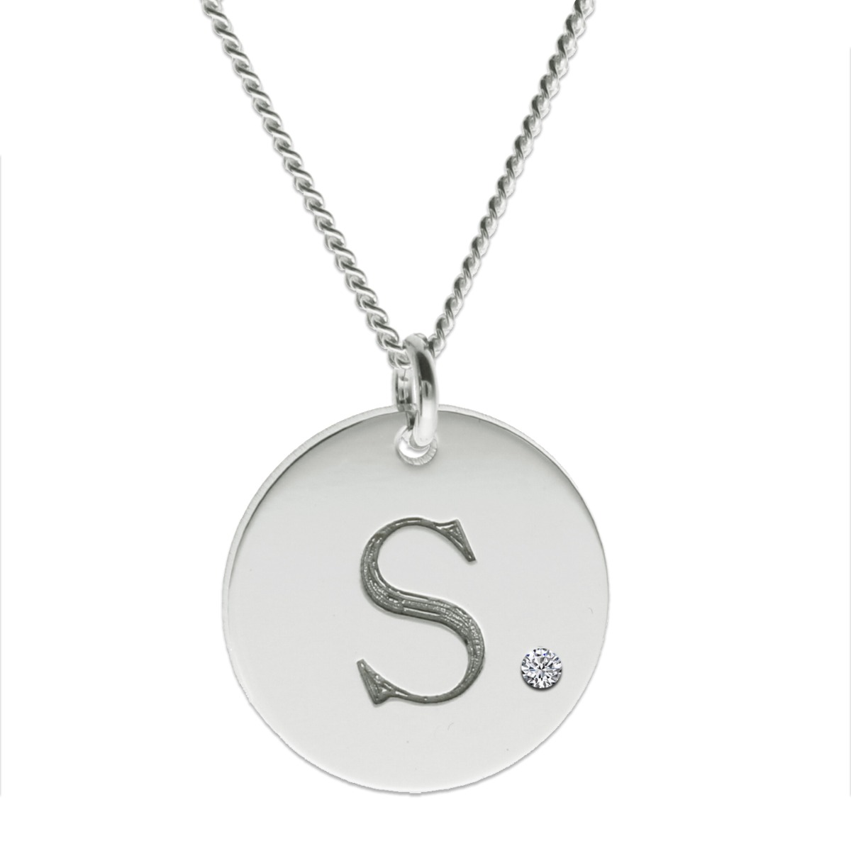 9ct White Gold Engraved Initial Disc With Crystal Or Real Diamond