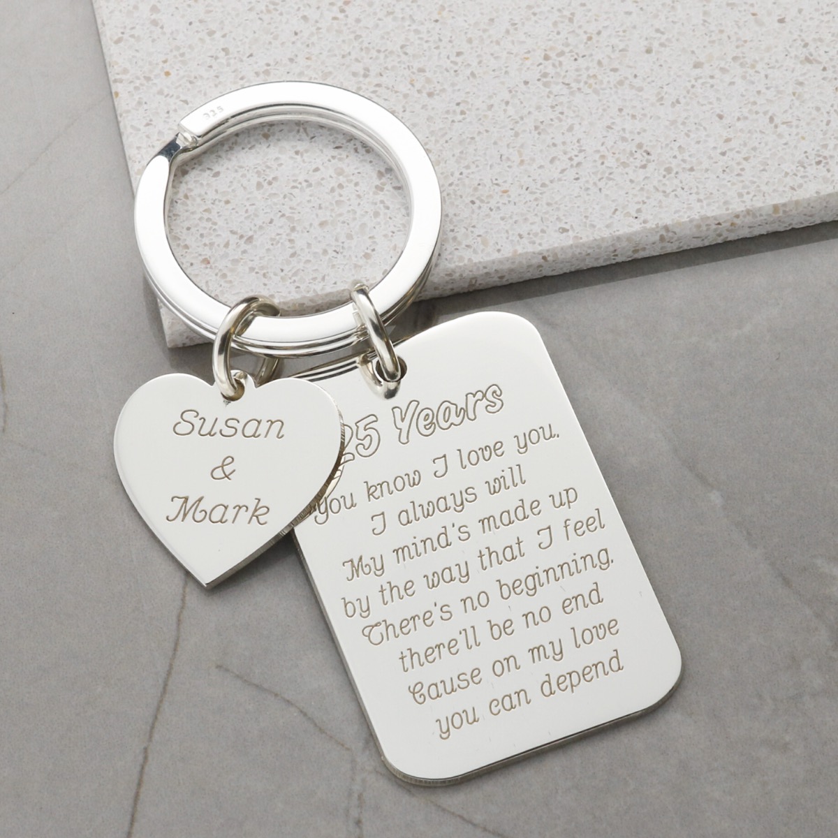 Sterling Silver Personalised Heart and Tag Anniversary Keyring with Optional Engraving