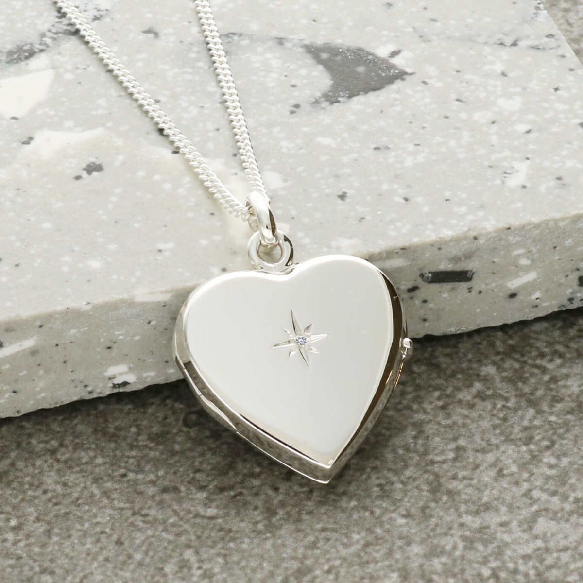 Sterling Silver Heart Locket Set With Diamond With Optional Engraving & Chain