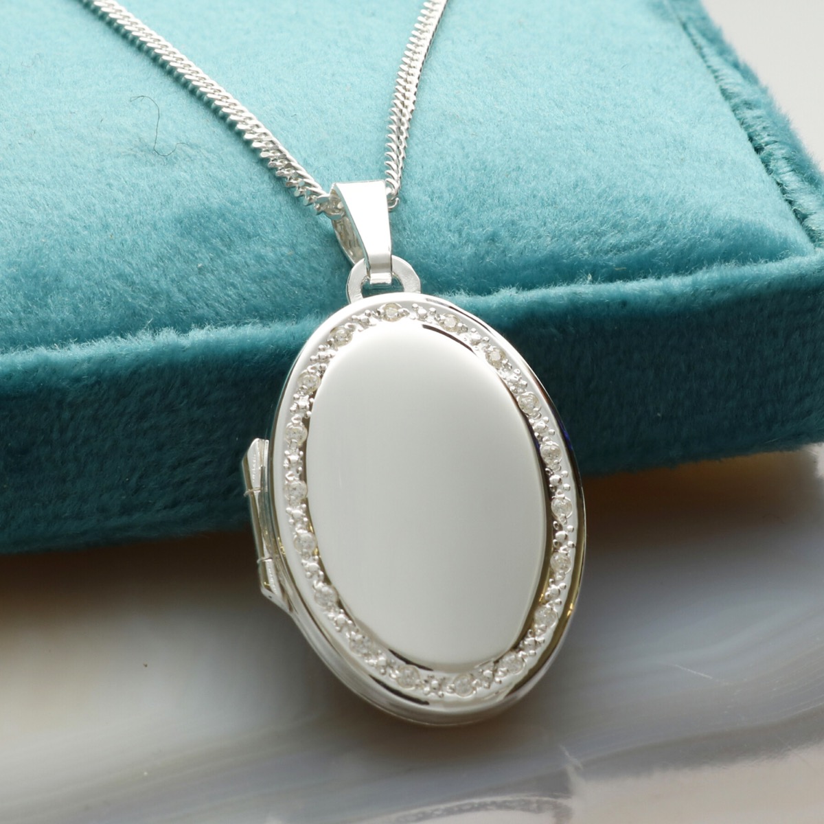 Sterling Silver Oval Locket Set With CZ Crystals, Optional Engraving & Chain