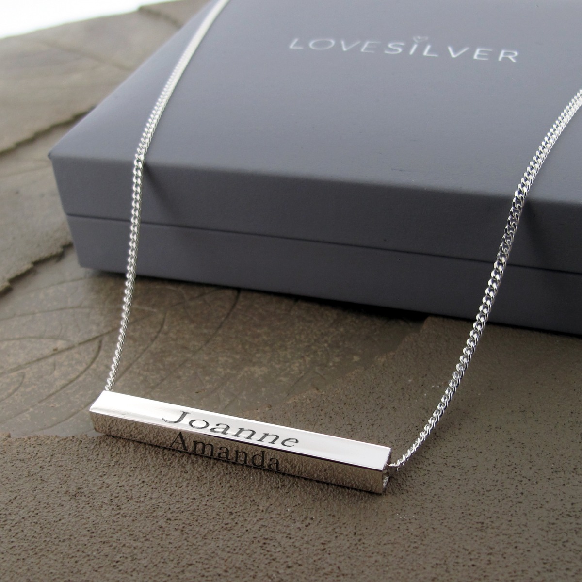 Silver 3D Horizontal Engraved Name Bar Pendant With Chain