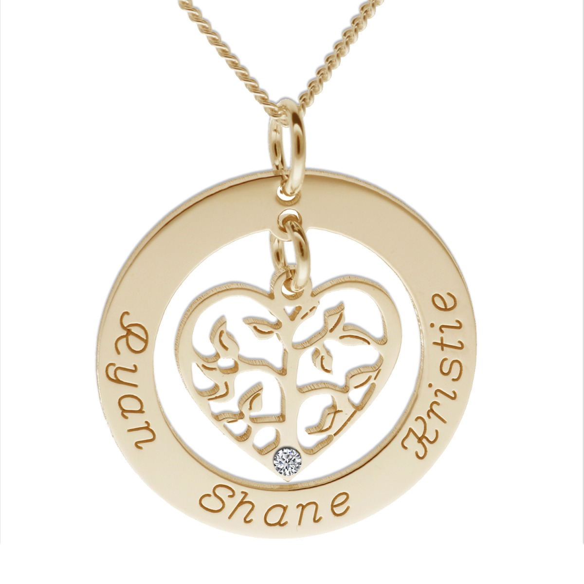 9ct Yellow Gold Filigree Heart Tree of Life Family Necklace With Crystal Or Real Diamond