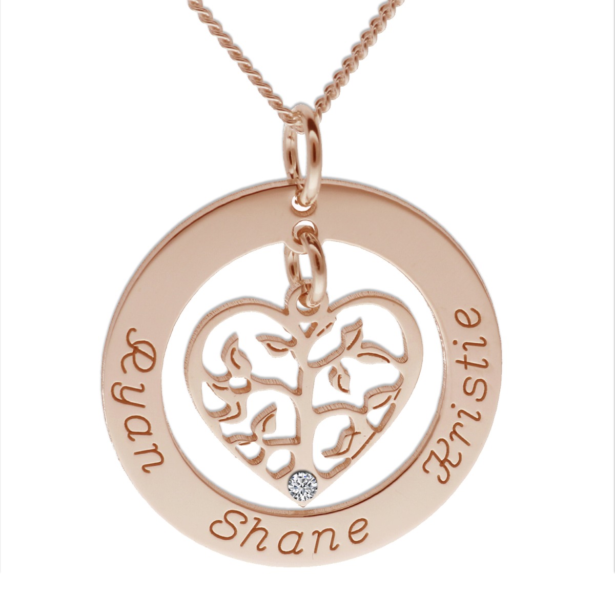 9ct Rose Gold Plated Filigree Heart Tree of Life Family Necklace With Crystal Or Real Diamond