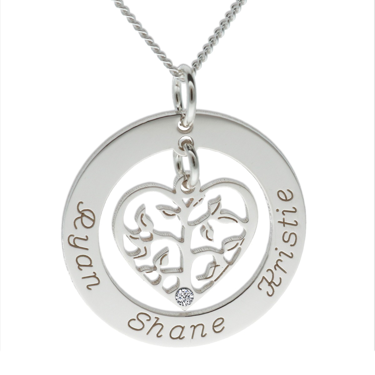 Sterling Silver Filigree Heart Tree of Life Family Necklace With Crystal Or Real Diamond