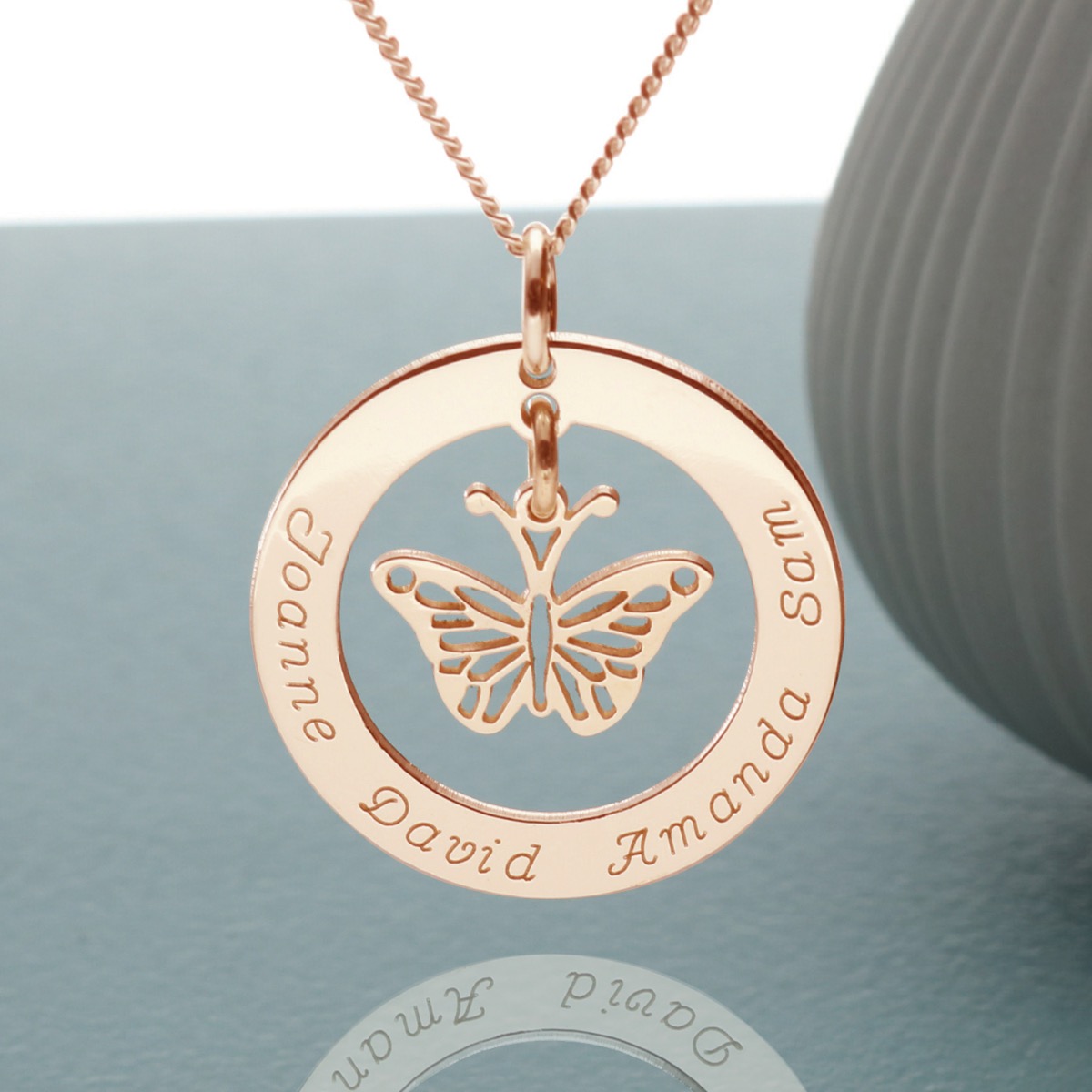 9ct Rose Gold Plated Personalised Disc With Hanging Butterfly Pendant Necklace