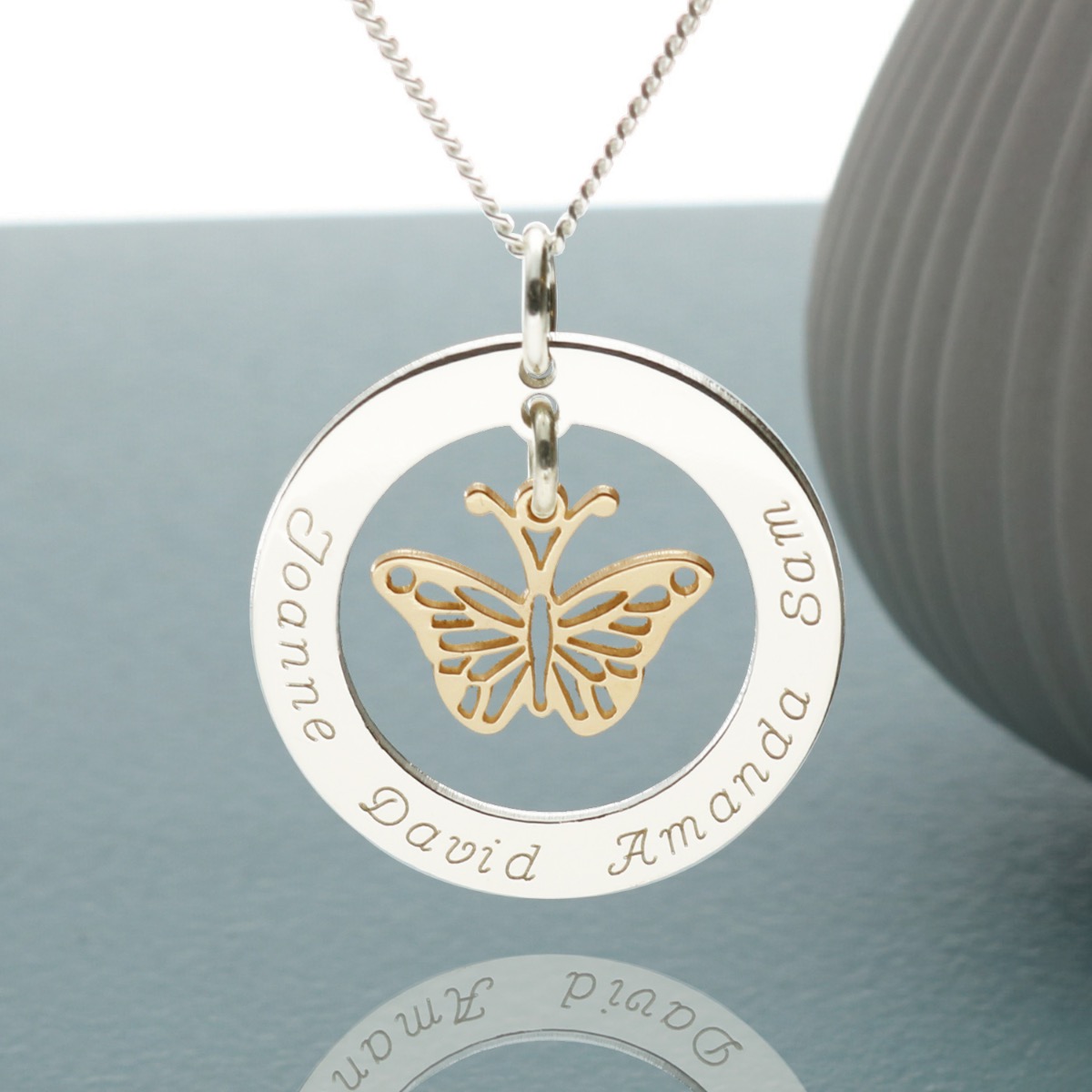 Sterling Silver Personalised Disc With Gold Plated Hanging Butterfly Pendant Necklace