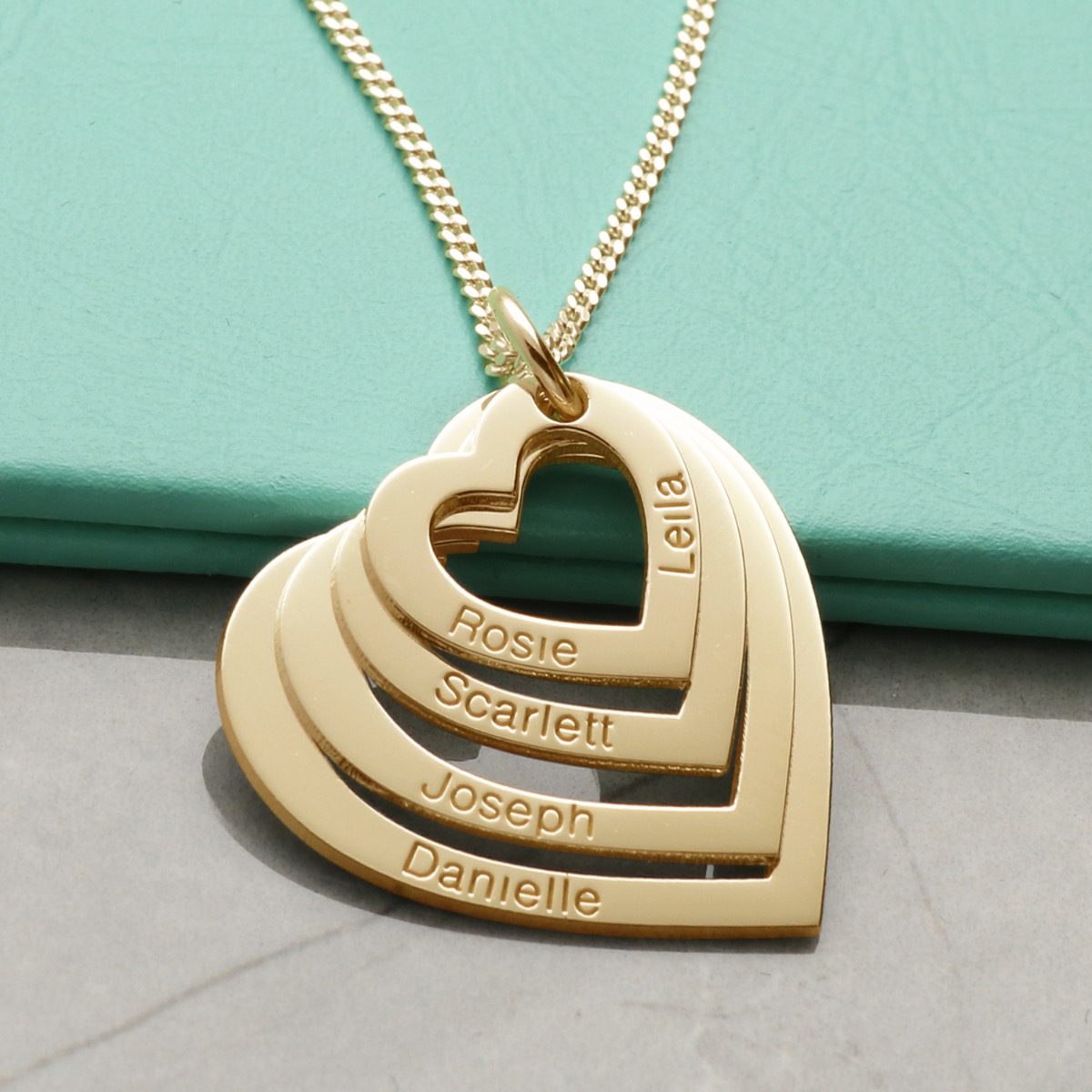 9ct Yellow Gold Plated Four Heart Personalised Family Necklace