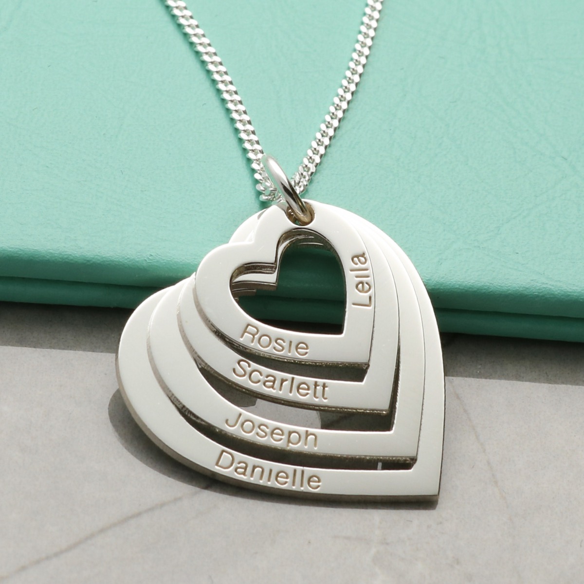 9ct White Gold Four Heart Personalised Family Necklace