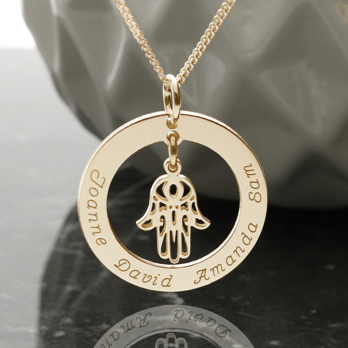 9ct Yellow Gold Plated Personalised Disc With Hanging Hamsa Hand Of Fatima Pendant Necklace