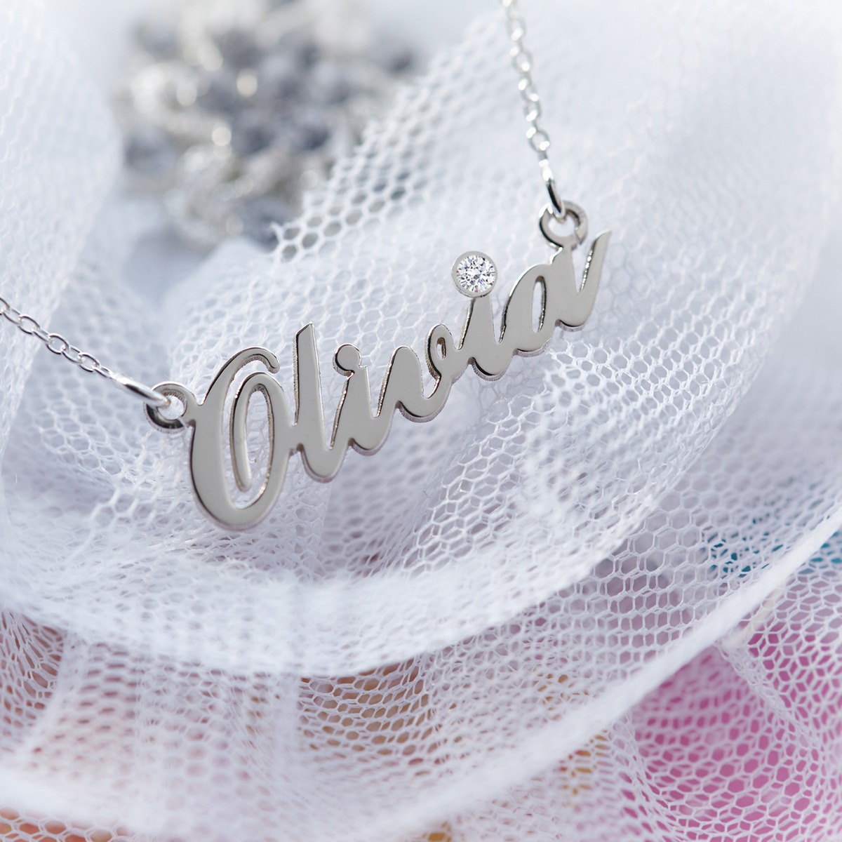 Sterling Silver Carrie Style Personalised Name Necklace With Crystal (Sex & The City)