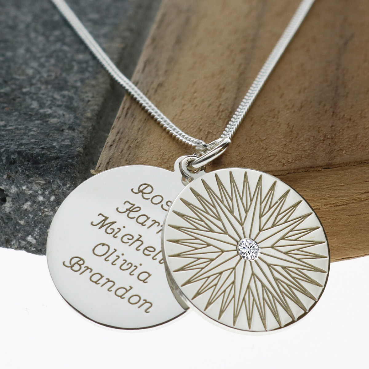 Sterling Silver North Star Pendant With Crystal, Personalised Disc & Chain