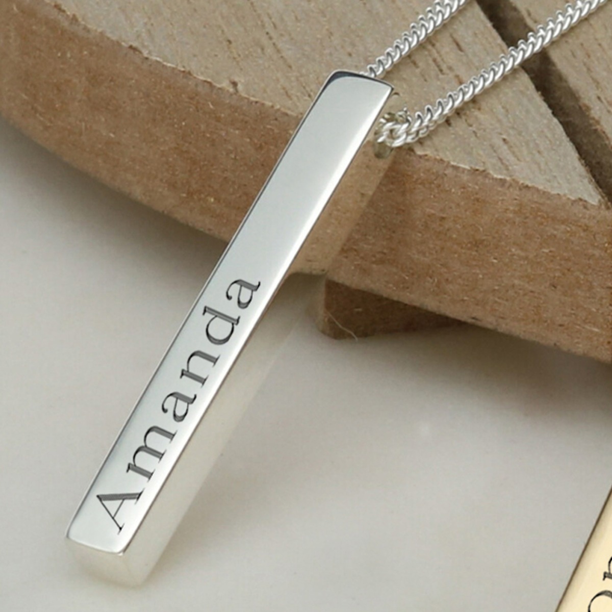 Silver 3D Engraved Name Bar Pendant With Chain