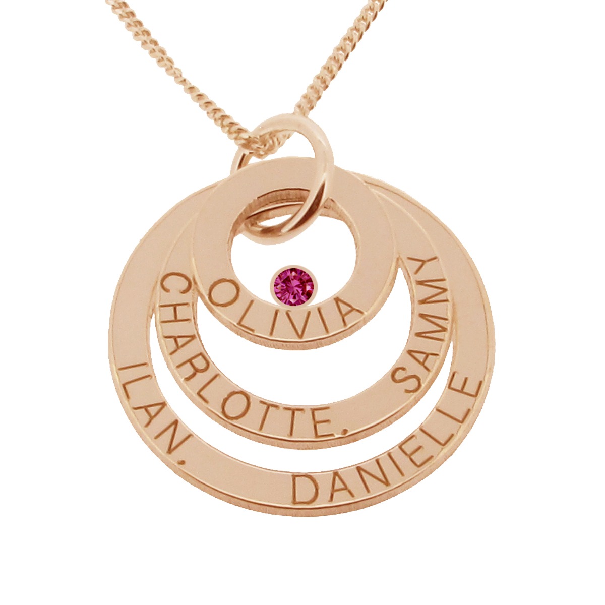 9ct Solid Rose Gold Engraved Triple Disc Personalised Family Necklace With Ruby & Optional Chain