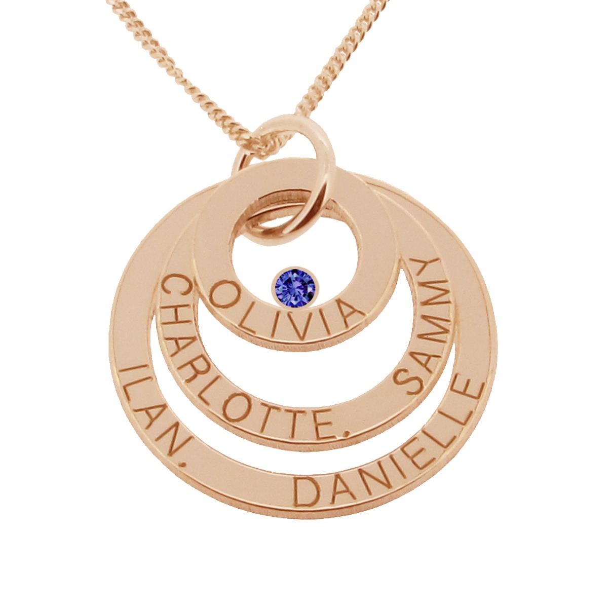 9ct Solid Rose Gold Engraved Triple Disc Personalised Family Necklace With Sapphire & Optional Chain
