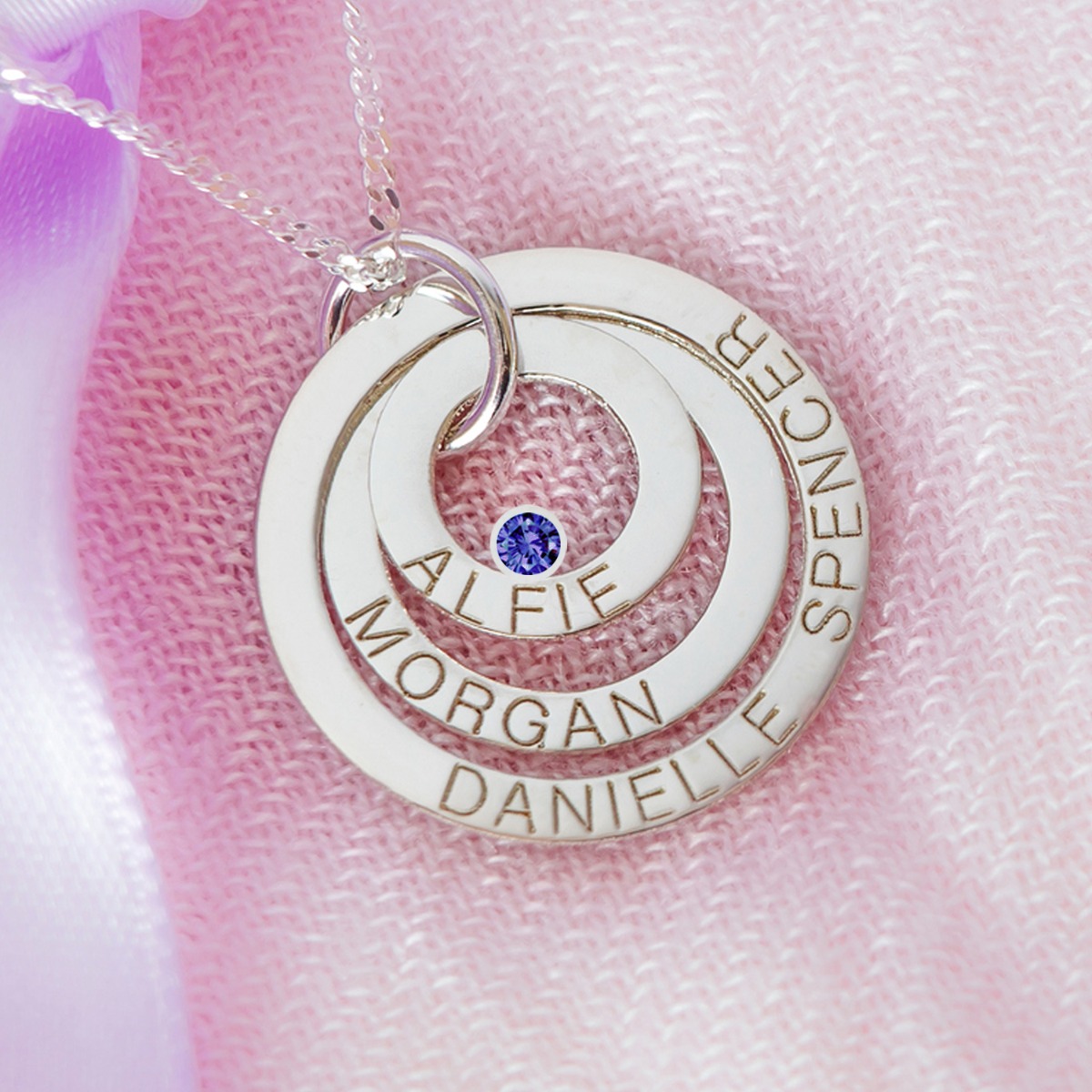 9ct White Gold Engraved Triple Disc Personalised Family Necklace With Sapphire