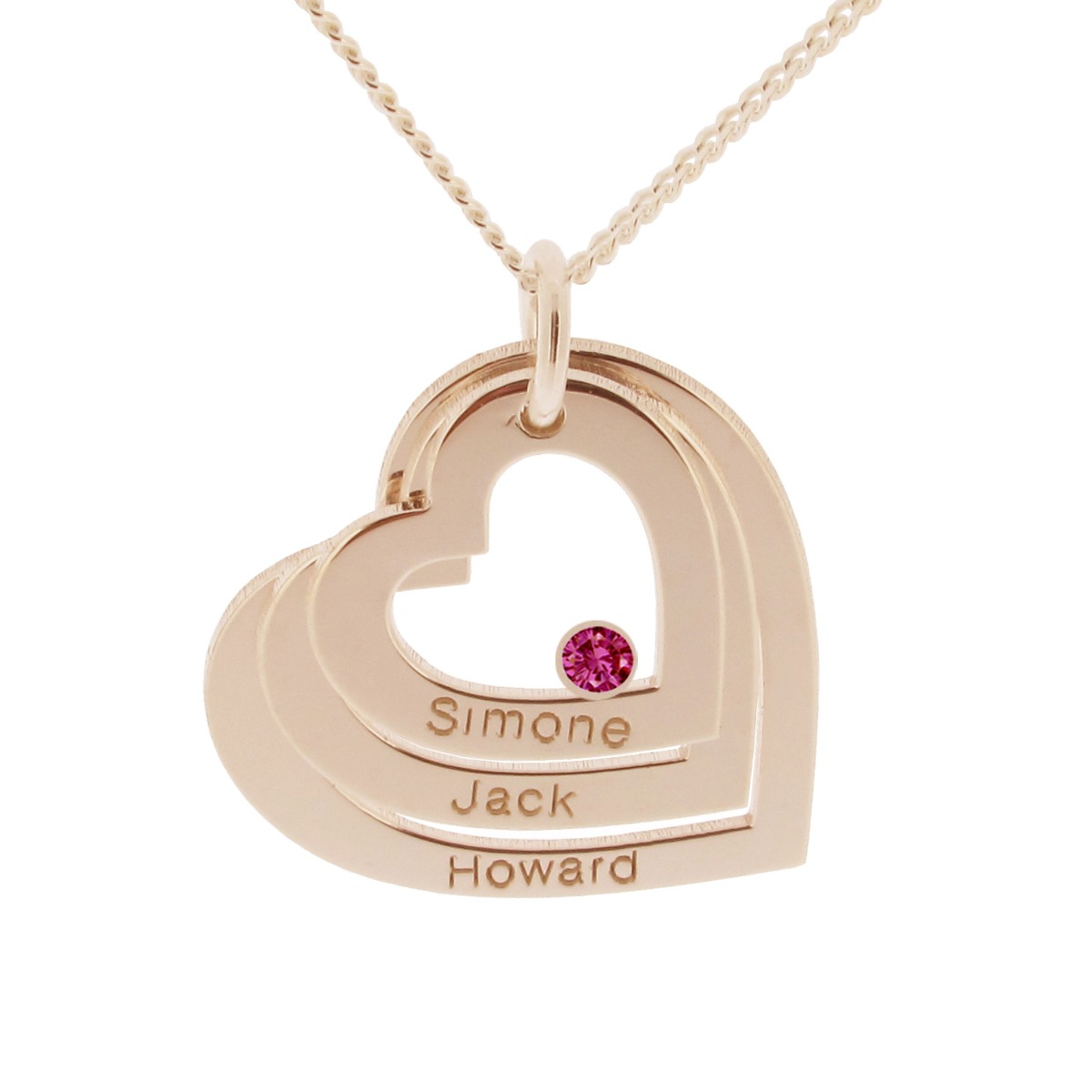 9ct Rose Gold Plated Engraved Triple Heart Pendant With Ruby & Optional Chain